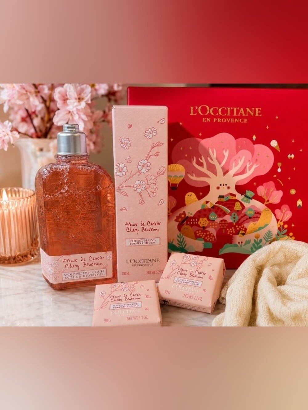 L'Occitane Cherry Blossom Gift Set Bath Shower Gel Hand Cream 2 Soaps New Boxed